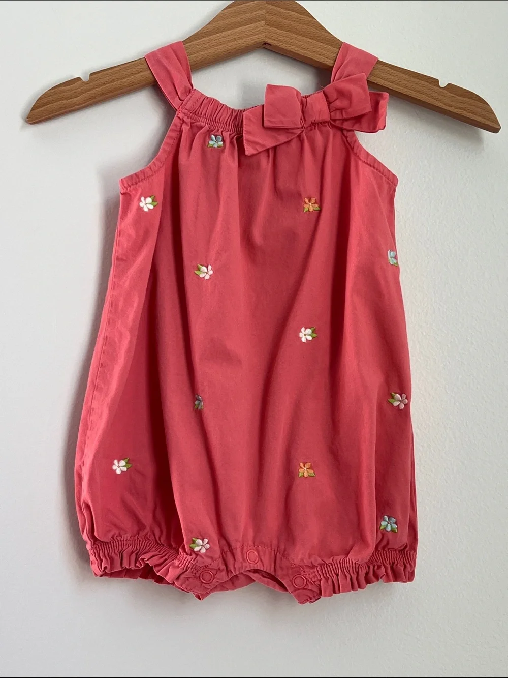 Gymboree | 100% Cotton Coral Baby Bubble Romper Bow Floral Embroidery Size 0-3M